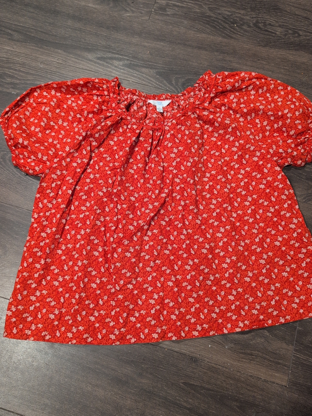 Women's Red Floral Ruffle Neck Cotton Top with Short Puff Sleeves L 12-14
